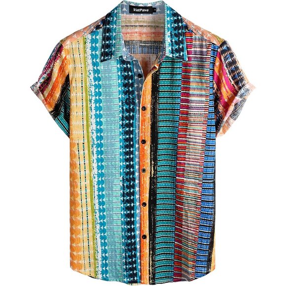 Men Multicolor Short Sleeve Button Up Casual Beach Shirt Lightweight Summer - Picture 1 of 6